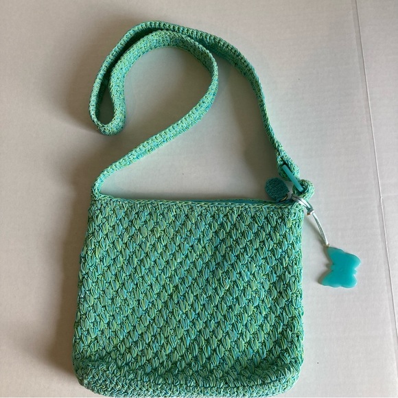NWOT LIZ Claiborne Shoulder Bag Crochet Teal Blue with Yellow Accents. - Picture 4 of 15